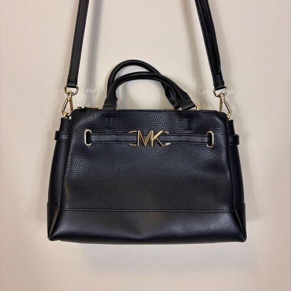 Michael Kors Black Leather Reed Center Logo MK Satchel Purse - Picture 3 of 13